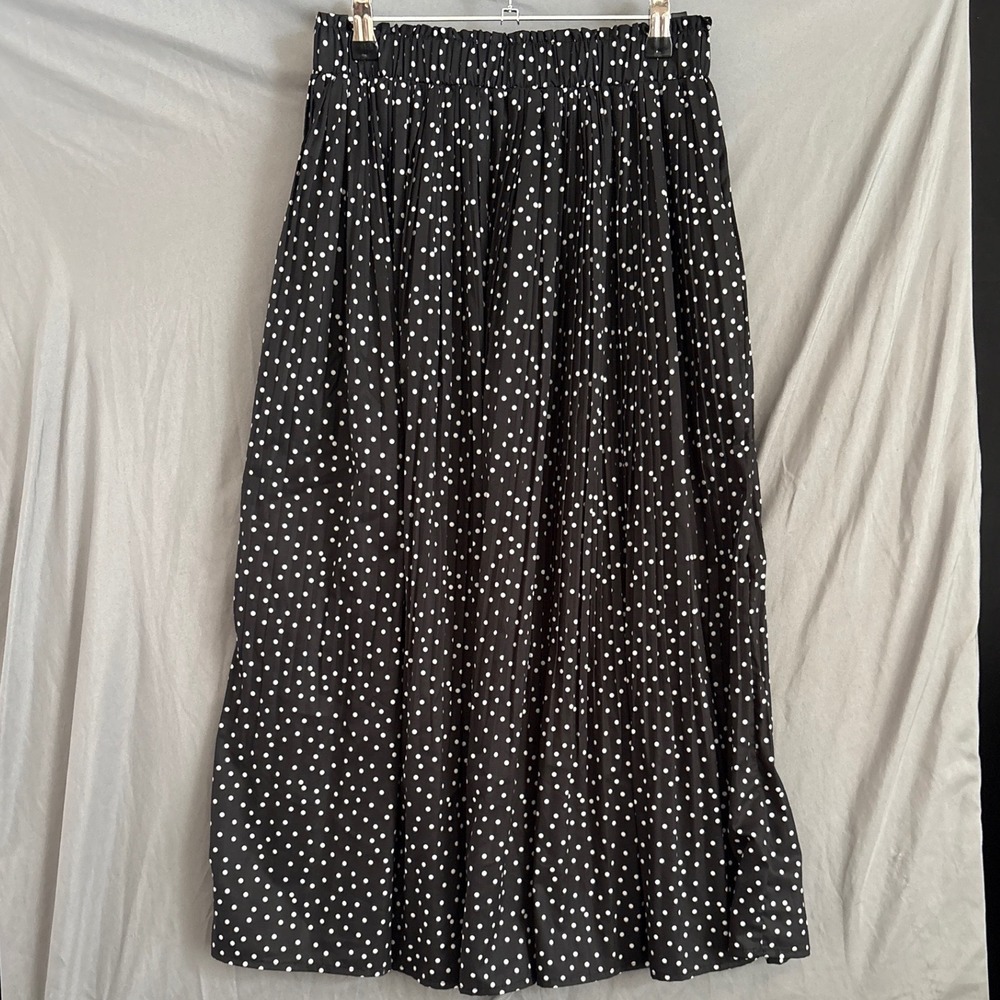 Pleated Midi Skirt M Black White Polka Dot Retro Elastic Artsy Pinup Eccentric